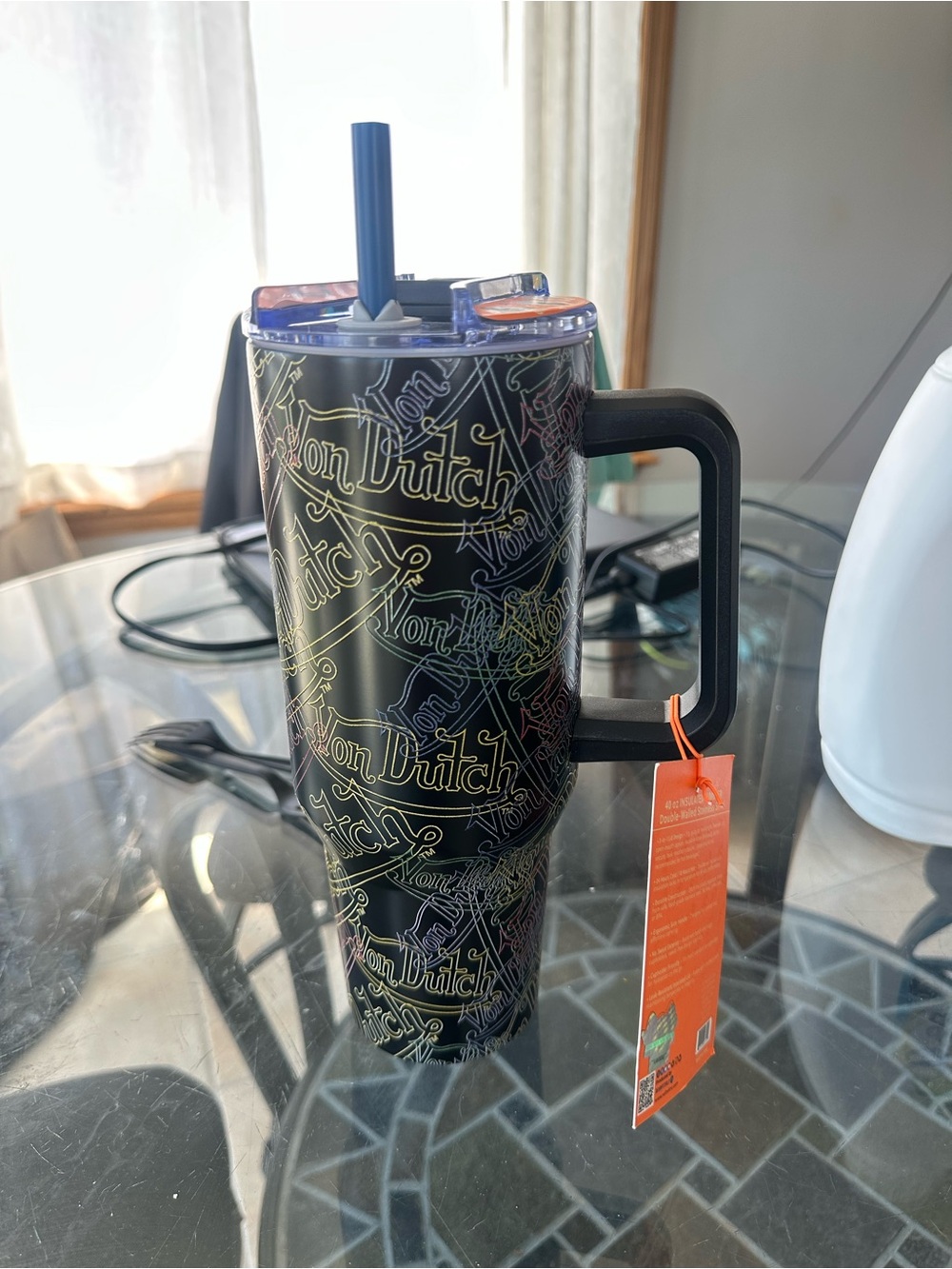 Von Dutch Black Tumbler with Rainbow Logo and Blue Straw